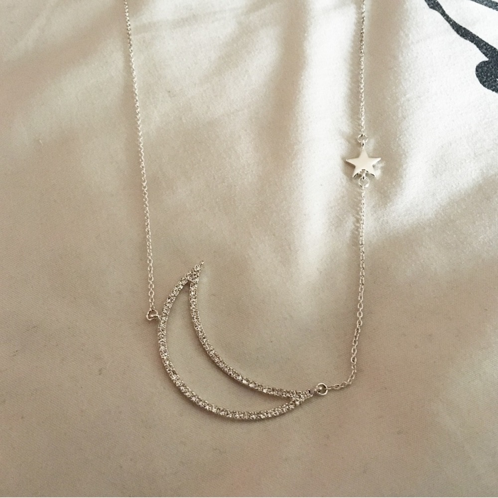 Silver Tone Crescent Moon and Star Necklace